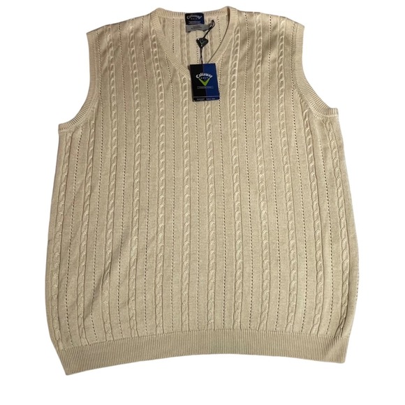 Callaway Golf Collection Mens Tan 100% Silk Cable Knit V-Neck Sweater Vest M